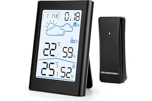 LAOONL Weather Station, Wireless Thermometer Hygrometer Barometer Indoor Outdoor with LED Sensor Backlit Screen Digital Clock Alarm and Snooze Display Time Date Day