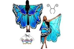 SUNLISKY Butterfly Costume Women's Wings Butterfly Wings Adult Two-Tier Fancy Dress Costumes Women's Cape Fancy Dress Butterfly Costume Accessories Set of 3 Face Mask Sensor Butterfly Headband
