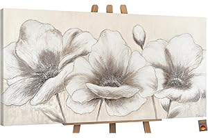 YS-Art XXL Abstrakt Acryl Gemälde auf Leinwand handgemalt Blumen II Wandbilder Wohnzimmer moderne Beige Creme Farbig Wohndekor Bilder echte Kunst 140x70 cm