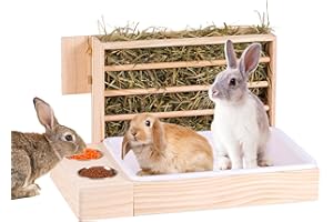 MUALROUS 3 in 1 Großer Kaninchen Heu Feeder mit Katzentoilette Holz Futterautomat aus Holz mit 2 Näpfen Hase Toilette für Kaninchen Meerschweinchen Chinchilla Hase Andere Kleintiere