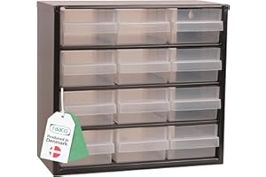 Raaco Storage Cabinet C6-12 with 12 Drawers | Metal Tool Organiser | 13 kg Capacity | 15 × 30.6 × 28.3 cm | Steel Frame with Transparent Polypropylene Drawers | Garage Storage & Workshop Organiser