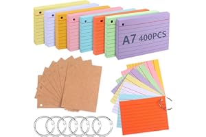 MOINKERIN Flash Cards 400 Pièces A7 Lignées Multicolores avec 6 Anneaux de Reliure, Fiches Bristol Perforées, Cartes de Révision et Index pour École, Bureau et Étude du Vocabulaire