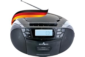 SCHWAIGER 658026 Lettore CD con cassette e radio MP3 Connessione USB Radio FM Cuffie AUX Boombox Funzionamento a rete e a batteria Display portatile nero