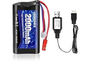 URGENEX 2S RC Battery 2000mAh 7.4 V Li-ion Battery with JST Plug 2S Rechargeable RC Battery with USB Charger Fit for RC Helicopter Car Truck and RC Boats