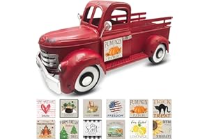 ‎TEELORAY Blumentopf Auto, 34cm Metall Truck mit 12 Saisonale Magnetes für Zuhause, Herbstdeko für Centerpieces Kürbis LKW Halloween Deko für Tisch Centerpieces Kreativ Gartendecor für Balkon Haushalt, Rot