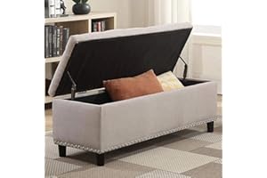 KLESIA Panca Panchetta Pouf Contenitore Sgabello Poggia Piedi Apribile In Legno e Tessuto Beige Cassapanca 121 x 42 x 43 cm