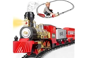 QIQUBOX Train Electrique Jouet pour Enfants Jeu de Train à Vapeur avec Fumée, Wagons Fret et Voies, Lumières & Sons Ensemble de Jouets de Noël Cadeau pour Filles Garçons de 3 4 5 6 Ans