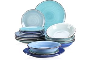 Tafelservice Steingut, vancasso BONITA 18-teiliges Kombiservice, Ess Geschirrset für 6 Personen, je 6 Speiseteller, Suppenteller und Dessertteller Blaue Serie