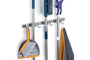 Damita Colgador escobas y fregonas soporte escobas pared adhesivo Acero inoxidable antideslizante para Cocina Baño Garaje y Jardín - escobero pared (Argento, 3 Posiciones y 4 Ganchos)