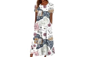AZRUMA Damen Kleid Sommer Frauen Boho Drucken Rundhals Kurzarm Swing Lange Tunikakleid mit Taschen Elegant Locker A-Linie Hoher Taille Bohemien Strandkleid Casual Midikleid Sommerkleid Freizeitkleid