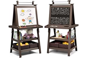 COSTWAY 3 en 1 Tableau Enfants Double Face avec Rouleau de Papier, Chevalet Enfants avec 2 Etagères et 2 Boîtes de Rangement, Structure Triangulaire, Jouet de Dessin pour Enfants de 3 Ans+