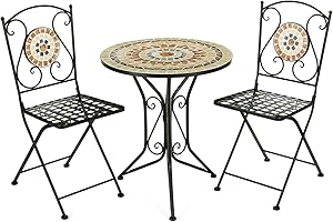 Home Source Sunflower Mosaic Bistro Set, Table and 2 Chairs, Metal, Black