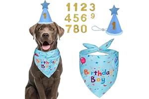 ROHMERIQUE Dog Birthday Bandana Set - Adjustable Hat & Glitter Number Scarf, Reusable Pet Birthday Decorations, Cake Party Supplies & Pet Apparel Accessories for Pet Party/Home/Birthday Celebration (Blue)
