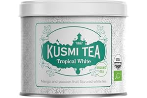 ‎KUSMI TEA Kusmi Tea - Tropical White - organiczna mieszanka białej herbaty, zielonej herbaty z mango i marakują - do picia na gorąco lub jako herbata mrożona - metalowa puszka 90 g - ilość na około 50 filiżanek
