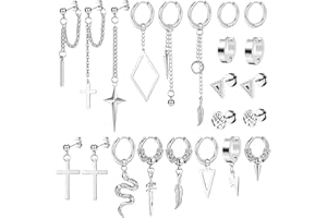 Kakonia 22 Pcs Dangle Earrings for Men Stainless Steel Hinged Huggie Hoop Earrings Punk Long Chain Stud Snake Feather Sword Cross Dangle Kpop Earrings for Men Black and Sliver Tone