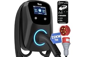 Tera Ładowarka EV z Smart App 32A Typ 2 11KW lub 22kW 400V CE i TUV Wallbox kabel do ładowania 7 metrów uchwyt ładowarki Sterowanie aplikacją&Wtyczka trójfazowa CEE - czarny W01