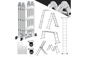 Ansobea Escalera multiusos de aluminio de 3,6 m, 4 x 3 peldaños, escalera multifunción con plataforma, escalera de aluminio con 2 placas de andamio, escalera plegable de 16 peldaños, escalera de hasta