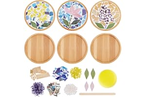 WEBEEDY DIY Mosaic Craft Kit 3 Sets Flower Mosaic Bamboo Coasters Kits for Adults Beginner, Mixed Color Glass Mosaic Tiles with Round Coaster Base for Handmade Mosaic Coaster Home Decor Gift