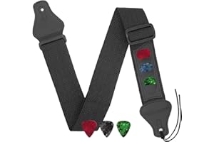 Aestustheri Adjustable woven guitar strap with leather ends and 3 pick storage pockets - includes 3 guitar picks - suitable for bass, electric and acoustic guitars (black)