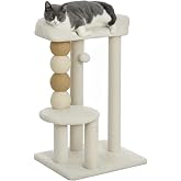 PawHut Tree Scratching Post for Cats Tower Climber 76 cm Beige | Cat Tree with Bed, Jumping Platform, Jute Poles, Toy Balls