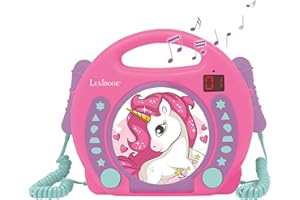 Lexibook- Lecteur CD Portable Licorne avec Micros, Poignée, Programmation, Répétition, Karaoke, Cheval, Prise écouteurs, Enfant, Fille, Rose/Violet, RCDK100UNI