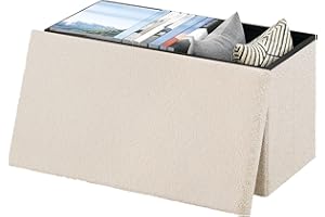 ‎ESITURO eSituro Sitzbank mit Stauraum, Faltbarer Sitzhocker, Truhenbank mit Deckel, Sitztruhe, Fußhocker, Aufbewahrungstruhe, Polsterbank aus Teddyfleece, 80 L, 300 kg belastbar, 76x37x38 cm, Beige, SOM0214