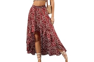 seiveini Jupe Imprimée Floral Femme Élegante Été Mi-Longue Taille Haute à Volant Boho Asymétrique Décontracté Jupe Petite Fleur Bureau Soirée Danse Vacances