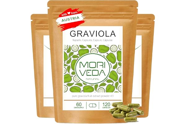 Gélules de Graviola - 6 mois d'approvisionnement - extrait naturel de fruit - bien-être métabolique - végétalien et sans gluten - 3x120 pièces par MoriVeda