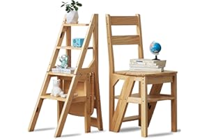 FGNIXLN Scala a gradini, 4 gradini, pieghevole, 2 in 1, scaletta e sedia pieghevole in legno, portata fino a 180 kg, adatta per cucina, casa, biblioteche (colore legno)