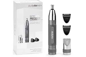 BaByliss Tondeuse de précision Super-X Metal - 3-en-1 Tondeuse nez, oreilles et sourcils, 2 Accessoires, 2 Sabots, Fonctionne sur Pile – E116E
