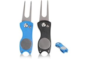 SDHIIOLP Juego de 2 tenedores de golf para reparación de divot de golf, botón emergente y marcador de bola de acero inoxidable, plegable, herramienta de divote de golf de acero inoxidable, para deportes al