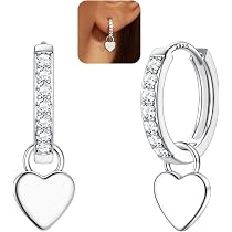 925 Silver Plated Leverback Hoop Earrings With Heart Dangle - French Wire Style PE52