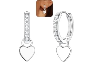 FIOROYAL 925 Sterling Silver Heart Charm Hoop Earrings for Women Girls | Hypoallergenic Lightweight Silver Love Heart Drop Dangle Huggie Charm Earrings Shiny CZ Huggie Hoop Earring