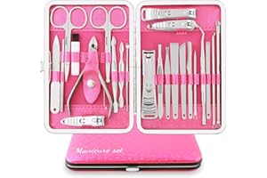 ULIYA Manicura Pedicura Set 23 PCS Profesional Cortaúñas Acero Inoxidable Grooming Kit Con Estuche De Viaje De Cuero Lujoso (Rosa/Plata)