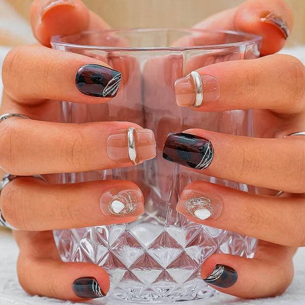 Sethexy Press-on Nägel – Mandelform, Blau Mit Glitzer & Strass, 10-teilig, Inkl. Zubehör
