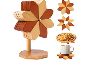 YTACREA Lot de 5 Dessous de Plat en Bambou, Dessous de Plat Bois en Forme de Moulin à Vent, 5 Dessous de Plats et 1 Support, sous Plat de Table Résistant à la Chaleur pour Poêles, Bols, Théières