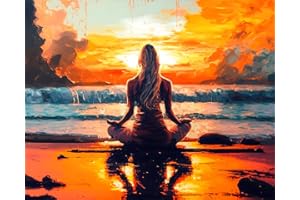 TISHIRON Malowanie według liczb, kobieta ćwicząca jogę na plaży podczas zachodu słońca, dla dzieci, dla dorosłych, początkujących, 41 x 51 cm