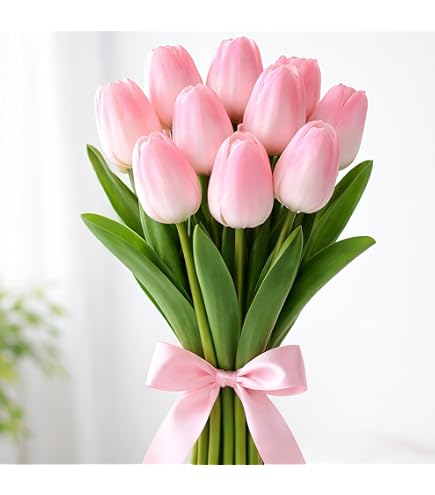 Kunstbloemen 30 stuks boeket 14 inch hoge echte touch tulpen, perzik roze PU nep tulpen bloemen voor arrangement bruiloft feest of Pasen lente thuis middelpunt eetkamer kantoor tafel decoratie
