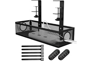 TOKPLNU Cable Management Under Desk Cable Tray Cable Tidy No Drill Desk Wire Organiser Metal Cable Basket Box for Office Home Standing Desk, Black, 13.5 in x 4.8 in