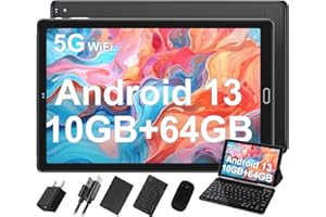 SUAAT 2025 New Tablet 10 Pulgadas Android 13 con 10GB RAM 64GB ROM (TF 1TB), WiFi 6(5G+2.4G), Bluetooth 5.0, Type-C, 6000 mAh, 8MP+5MP, con Funda, Teclado, Mouse,Negro