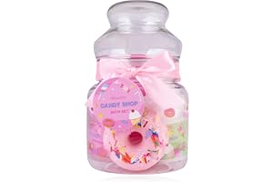 Accentra badset CANDY SHOP i godisburk av plast i godisdesign, duschgel, bodylotion, badbomb i donutform, nätsvamp i rosa, do