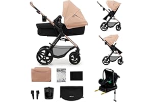 KK KINDERKRAFT Kinderkraft MOOV 2, passeggino multifunzionale 4 in 1 trio neonato, navicella e passeggino 2 in 1, seggiolino auto MINK PRO i-Size, ruote antiforatura, Beige