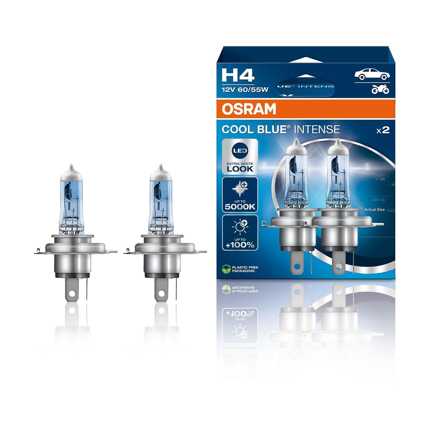 OSRAM COOL BLUE INTENSE H4, +100% di luminosità in più, fino a 5.000 K, lampada frontale alogena, aspetto LED, scatola pieghevole sospesa (2 lampade)
