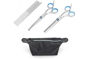COYTEAR Dog Grooming Scissors Set, 3PCS Blue Stainless Steel Pet Beauty Scissors with Storage Bag, Pets Grooming Shears with Safety Round Tip for Pet Hair Fur Care (Thinning Shears, Curved Scissor, Comb)