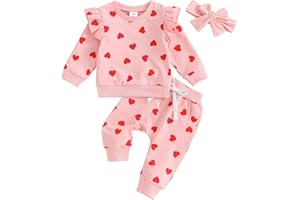 Geagodelia Baby Girl Clothes Outfits Fall Winter Cute Heart Printed Tracksuit Ruffle Sleeve Sweatshirt Jumper Bow Waist Trouser Set