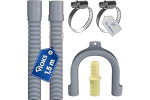VIOKS Zestaw elastyczny wąż ściekowy do zmywarki 1,5 m 19/22 mm Ø + 2 x zaciski obejmy do węża 18-28 mm Ø + 1 x łącznik + 1 x łuk mocujący
