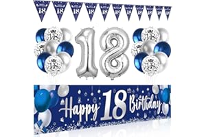 BLUELVES Geburtstagsdekoration zum 18. Geburtstag, Silber und Blau – Banner, Luftballons, dreieckige Girlande für Jungen und Mädchen