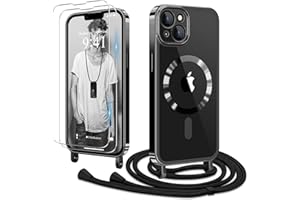 Ethanger Handykette für iPhone 13 iPhone 14 Hülle mit Band + 2 Stück Glas Schutzfolie Transparent Silikon Handyhülle Magnetische Schutzhülle für iPhone 13/14 Schwarz