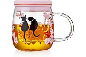 MEISINNI Tasse à Thé Magique Sakura & Chat, Tasse à Thé en Verre avec Infuseur et Couvercle, Tasse à Thé avec Infuseur, 480 ml Mug Transparent, Tasse en Verre, Cup pour Thé en Fleurs et en Vrac