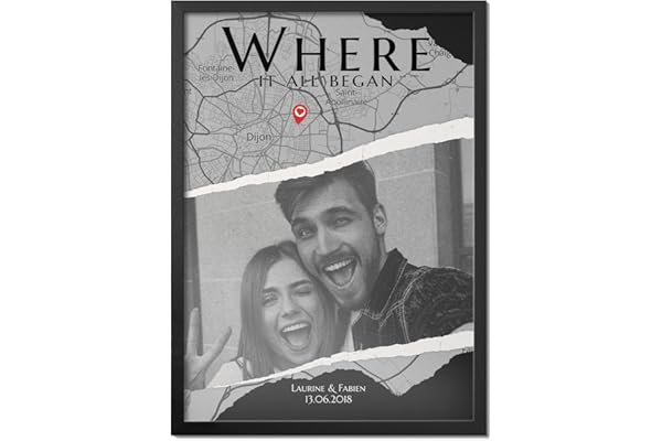 Pictalia - Cadre photo personnalisé pour couple Old School, Lieu de rencontre, date de rencontre, photo et texte personnalisable, cadeau Homme Femme, Saint-Valentin, Amoureux, Cadeau couple